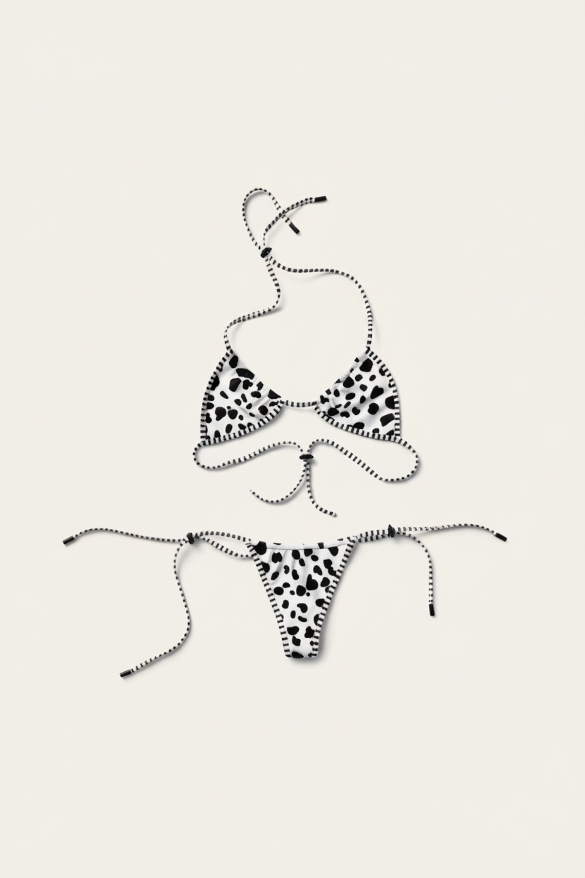 Black and white leopard print bikini set on a white background